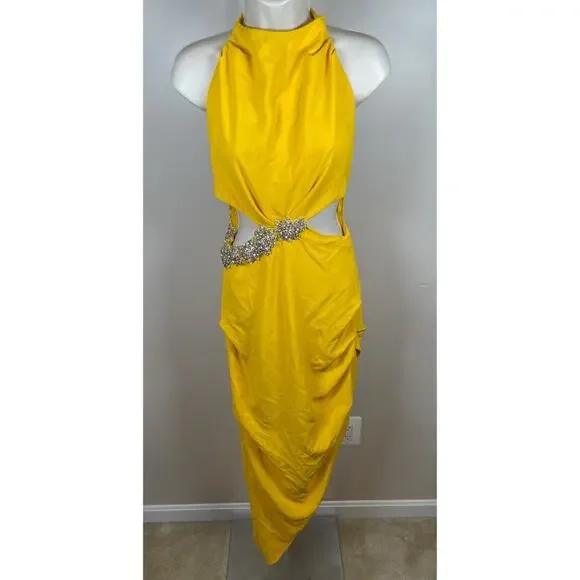 Rachel Gilbert Kylo Embellished Cutout Asymmetrical Yellow Maxi Dress Size 2 - Picture 3 of 9
